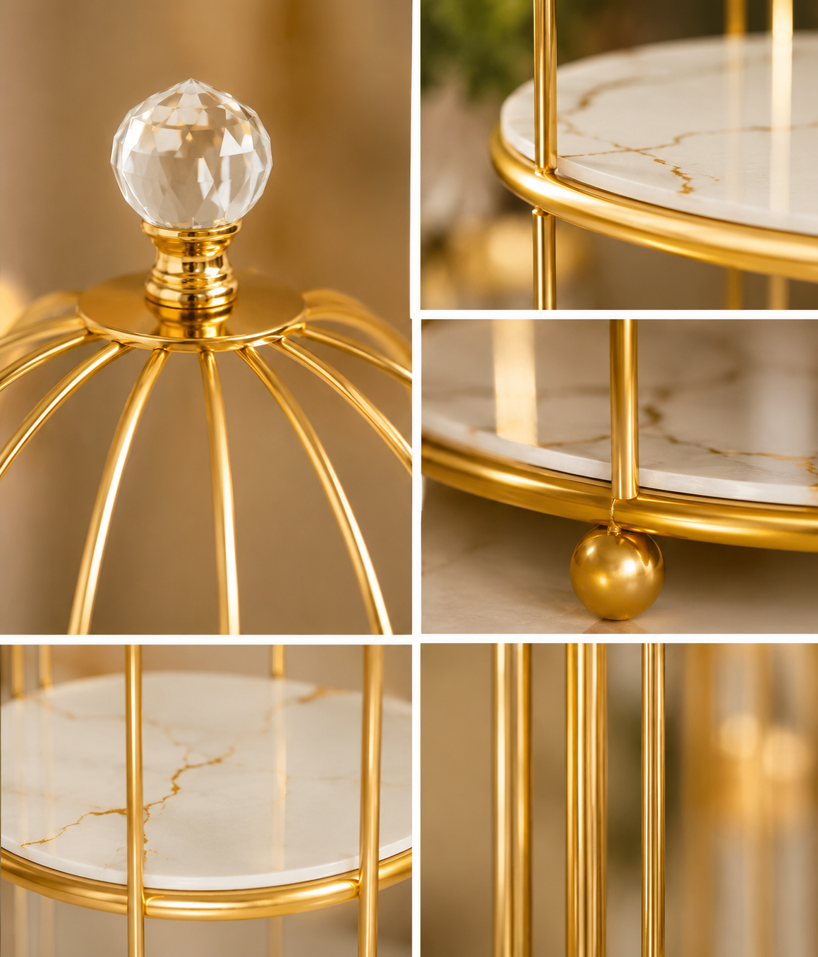 Woman using gold birdcage vanity organizer with perfumes and skincare