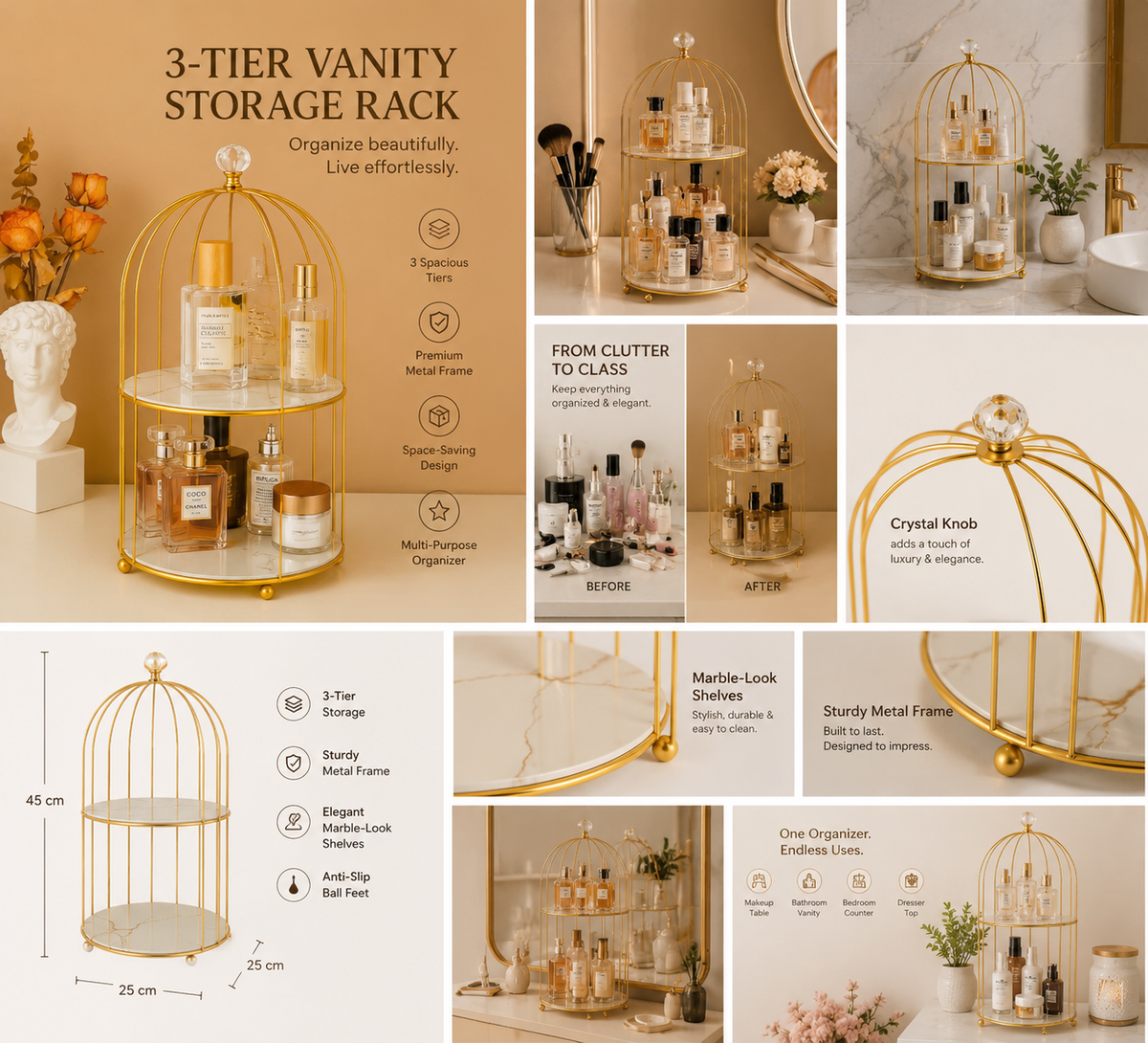Close-up details of crystal knob, marble shelves and gold ball feet
