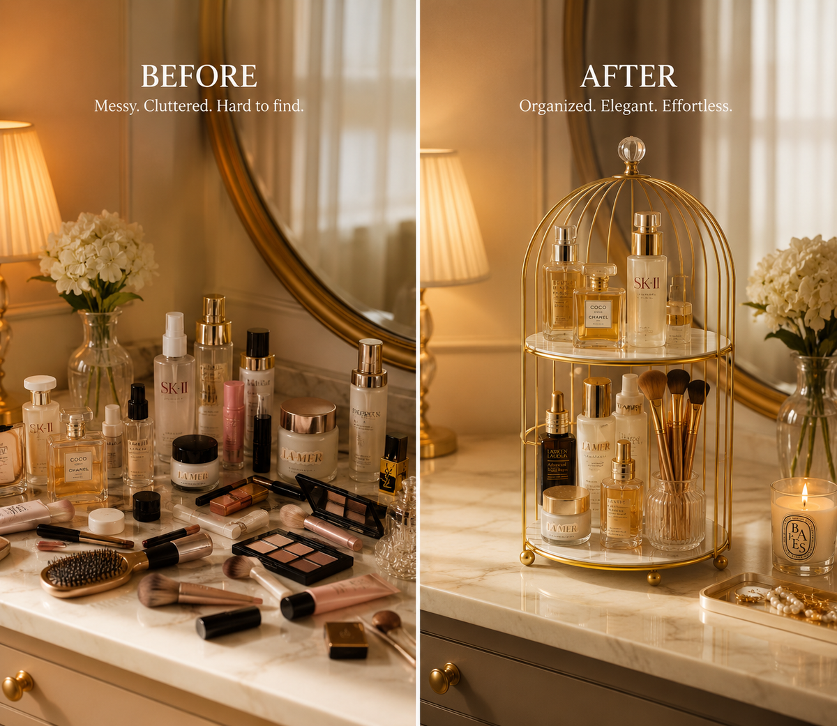 Before and after - messy vanity vs organized birdcage rack