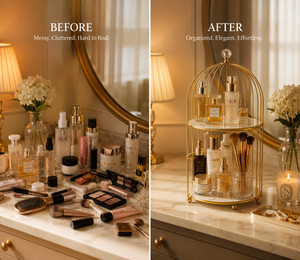 Before and after - messy vanity vs organized birdcage rack