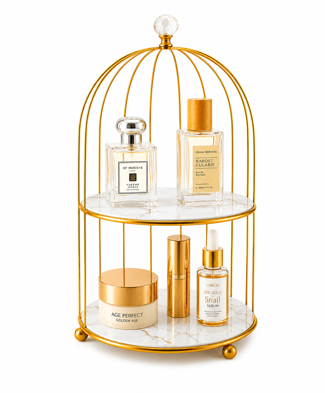 Birdcage Vanity Storage Rack – 2-Tier Gold Organizer